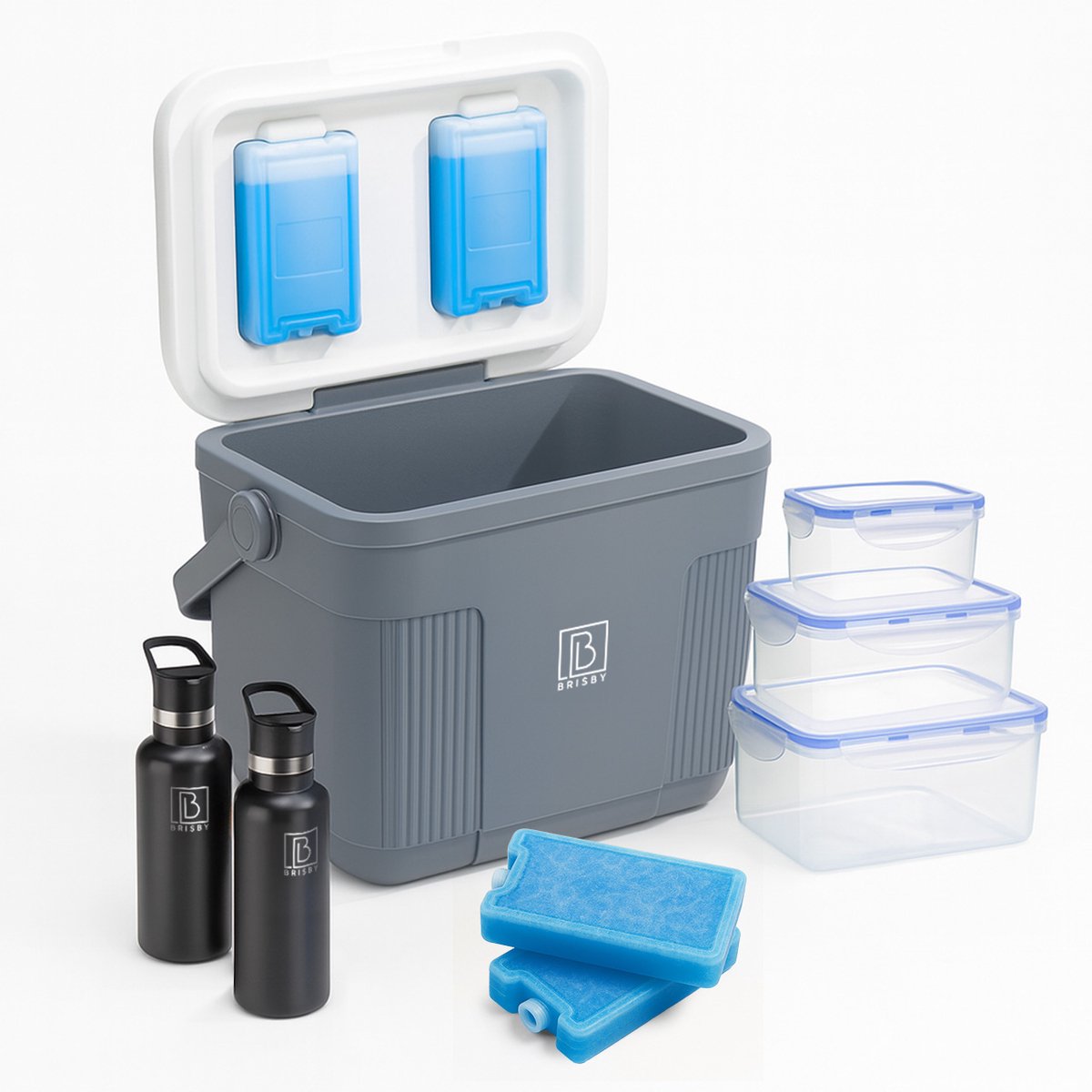 Brisby Koelbox 22L – Frigobox Grijs – Tot 40 uur isolatie – Inclusief 4x 450ml Koelelementen, 3-delige Vershoudbakjes Set en 2x 500ml Zwarte RVS Thermosflessen – Slimme sluiting – Koelelementen vast in deksel
