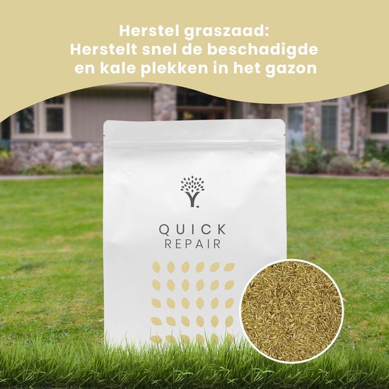 Witte zak met 'Quick Repair' logo, gele stippen, en close-up van graszaad, met tekst 'Herstel graszaden'.