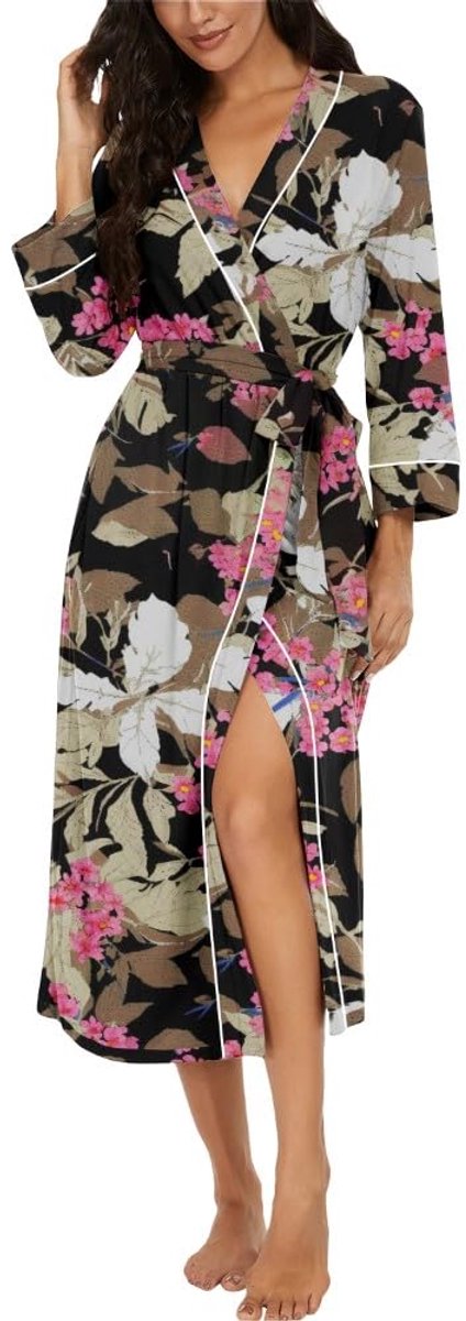 Dames Kimono Morgenjas - Lichtgewicht met 3/4 Mouwen - Voor Thuis & Sauna - Groot Blad Roze, Maat L