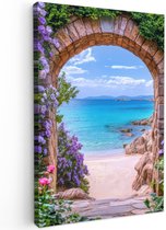 Tuinschilderij voor buiten 80x120 cm - Tuindecoratie Doorkijk - Poort - Zee - Strand - Rotsen - Tuinposter op canvas - Tuin muurdecoratie - Buitenschilderij decoratie - Schutting wanddecoratie - Buitencanvas
