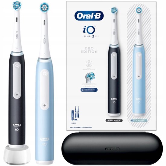 Oral-B iO Series 3 Duo - Elektrische Tandenborstels - Zwart & Blauw - AI Technologie - Reisetui