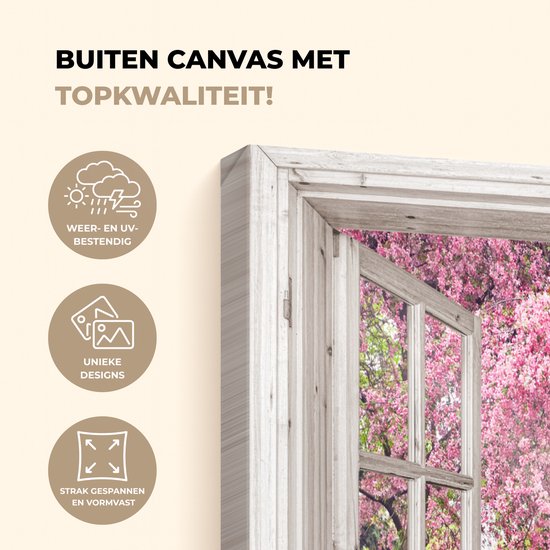 Een canvasdoek met een afbeelding van een open raam dat uitkijkt op bloeiende kersenbomen, met tekst over kwaliteit en duurzaamheid.