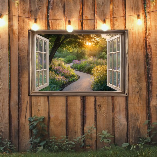Affiche de jardin 120x80 cm - Décoration de jardin Vue - Fleurs - Nature - Soleil - Chemin - Affiche pour le jardin - Décoration extérieure - Tableau de jardin clôture - Décoration murale sur toile de jardin - Décoration murale sur toile de balcon