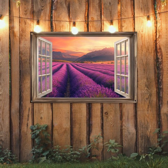 Tuinposter 120x80 cm - Tuindecoratie Doorkijk - Lavendel - Landschap - Bloemen - Paars - Poster voor in de tuin - Buiten decoratie - Schutting tuinschilderij - Tuindoek muurdecoratie - Wanddecoratie balkondoek