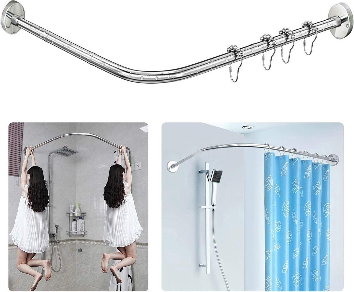 QPFO® Uitschuifbaar L-vormig Douchegordijnrek – Roestvrij Staal 304 – Badkamerhoekrek – 70-100 x 70-100 cm – Zilver