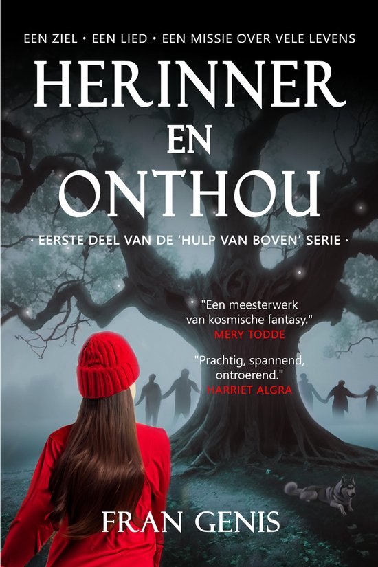 Boek "Herinner en Onthou", deel 1 van 'Hulp van Boven' serie, met op de voorkant een meisje met rode muts en jas, bij een grote boom met schaduwfiguren.