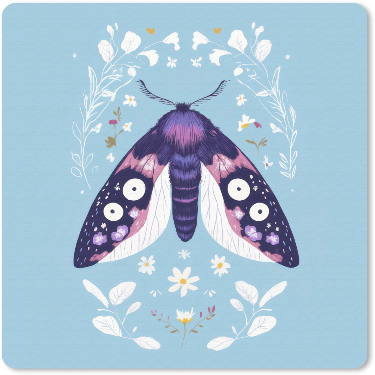 Muismat 20x20 cm - Mousepad Bladeren - Wit - Vlinder - Insect - Muismatten