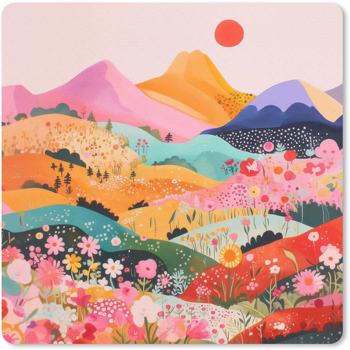 Muismat 20x20 cm - Mousepad Kleurrijke bloemen - Bergen - Fantasielandschap - Muismatten