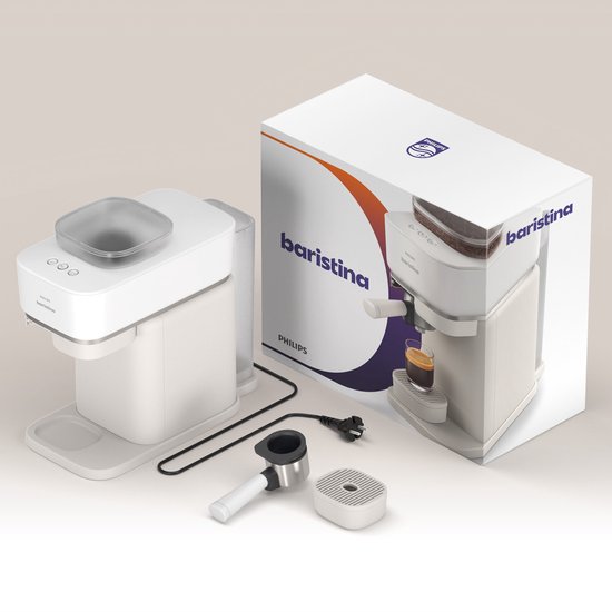 Wit Philips Baristina apparaat met accessoires en verpakking. Met 16 bar druk voor barista-stijl koffie.