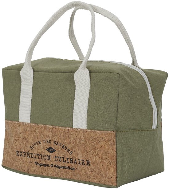 Sac isotherme vert avec bande de liège, poignées blanches et inscription "EXPEDITION CULINAIRE".