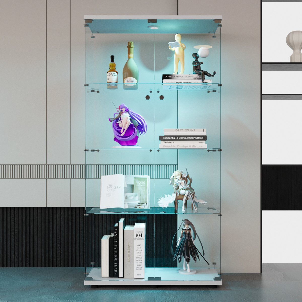 Glazen Vitrinekast met LED Verlichting, 2 Deuren, Planken, Vrijstaand, voor Woonkamer, Slaapkamer & Kantoor, Wit