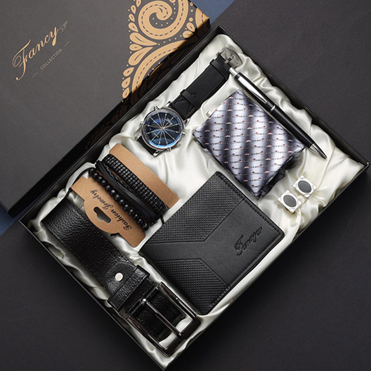 IBETTERTEC - Cadeaubox 7-delig geschenkset voor mannen - rijgordel set - verjaardagscadeaus - inclusief riem - portemonnee - quartz horloge - pen - manchetknopen - stropdas - armband - heren geschenkset voor Vaderdag - Valentijnsdag - verjaardagen en