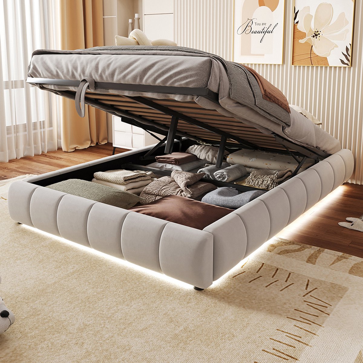 KOMHTOM Gestoffeerd bed 140 x 200 cm, zonder hoofdeinde, met led-lichtstrip (eenkleurig), hydraulisch zwevend bedframe met opbergruimte, eenpersoonsbed, tienerbed, beige