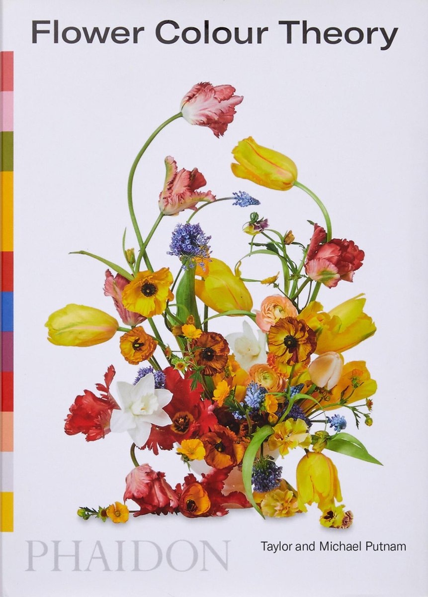 Boekomslag 'Flower Colour Theory' met een boeket van rode, gele en witte bloemen.