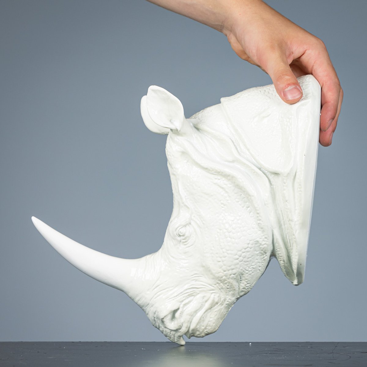 Wit Neushoorn Beeld – Majestueus wandsculptuur van Polyresin met Glanzende Afwerking - 140115W
