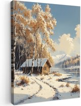 Tuinschilderij voor buiten 50x70 cm - Tuindecoratie Winter - Sneeuw - Huis - Natuur - Tuinposter op canvas - Tuin muurdecoratie - Buitenschilderij decoratie - Schutting wanddecoratie - Buitencanvas