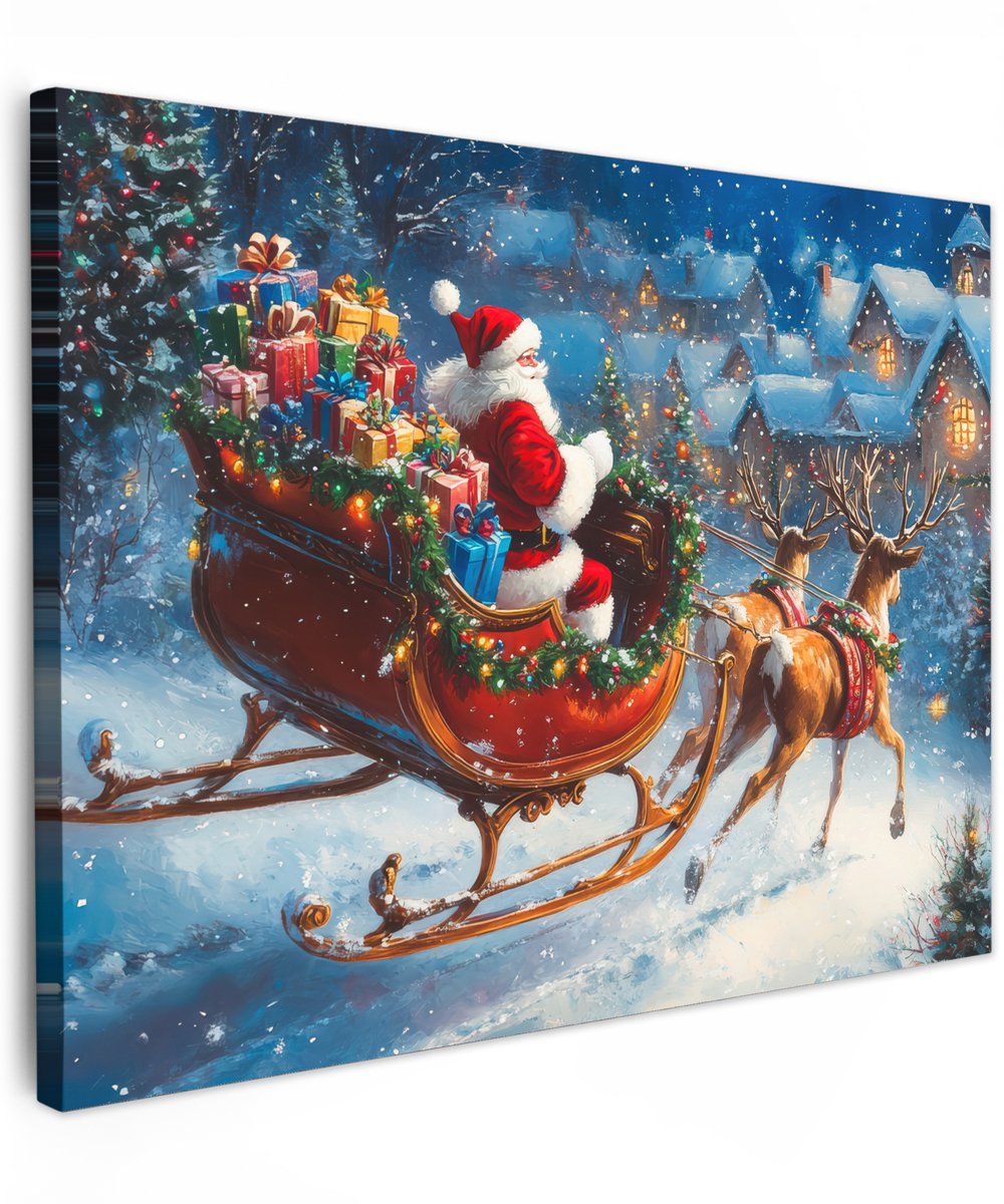 Tuinschilderij Kerstman en Rendier op canvas voor buiten - 70x50 cm.