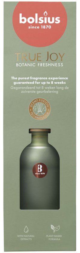 Verpakking met 'Bolsius True Joy Botanic Freshness' en een afbeelding van de geurstokjes.