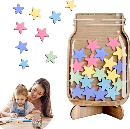 Reward Jar - gepersonaliseerde beloning voor peuters, verzamelpot, sterglas voor kindergedrag met hout en acrylmateriaal, glas voor motivatie en positief gedrag voor schoolkinderen