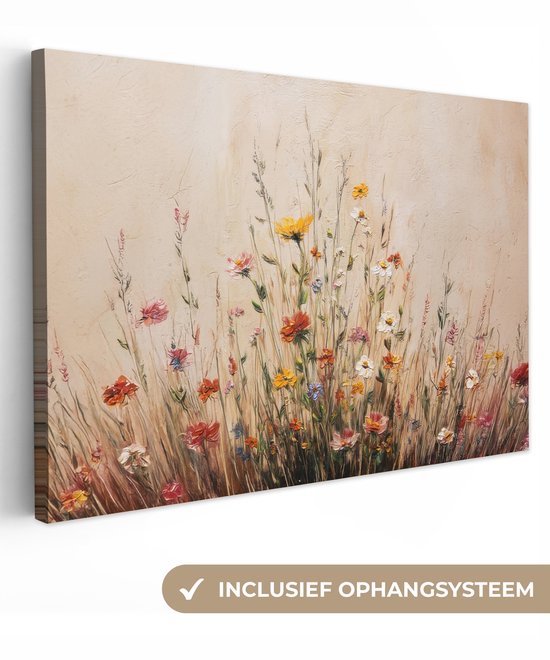 Canvas schilderij 120x80 cm - Exclusieve wanddecoratie Wilde bloemen - Penseelstreken - Rustgevend - Muurdecoratie woonkamer - Slaapkamer decoratie - Kamer accessoires - Schilderijen op canvas