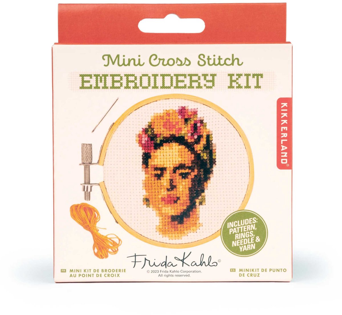 Kikkerland Mini borduurset Frida Kahlo - Mini Cross Stitch Embroidery Kit - Ø7,6 cm bamboe ring - Borduur Kit - DIY Cadeau Creatieveling