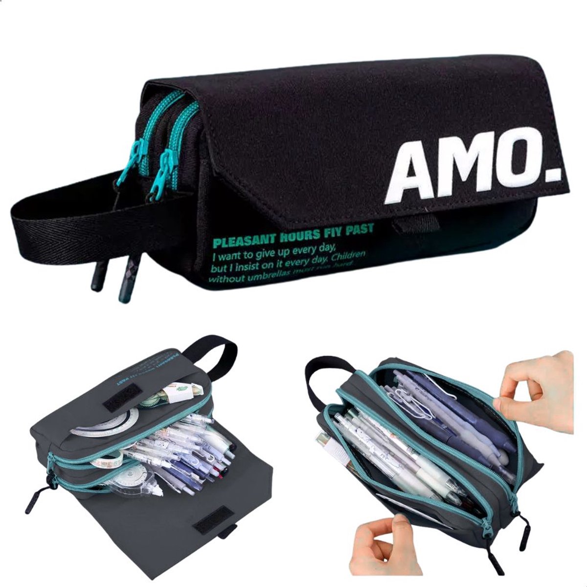 Ainy - Amour Etui | Pennezak jongens & meisjes | Opbergtas voor pennen | Middelbare schoolspullen voor kinderen | kantoorartikelen voor volwassenen | Canvas materiaal | 3 vakjes