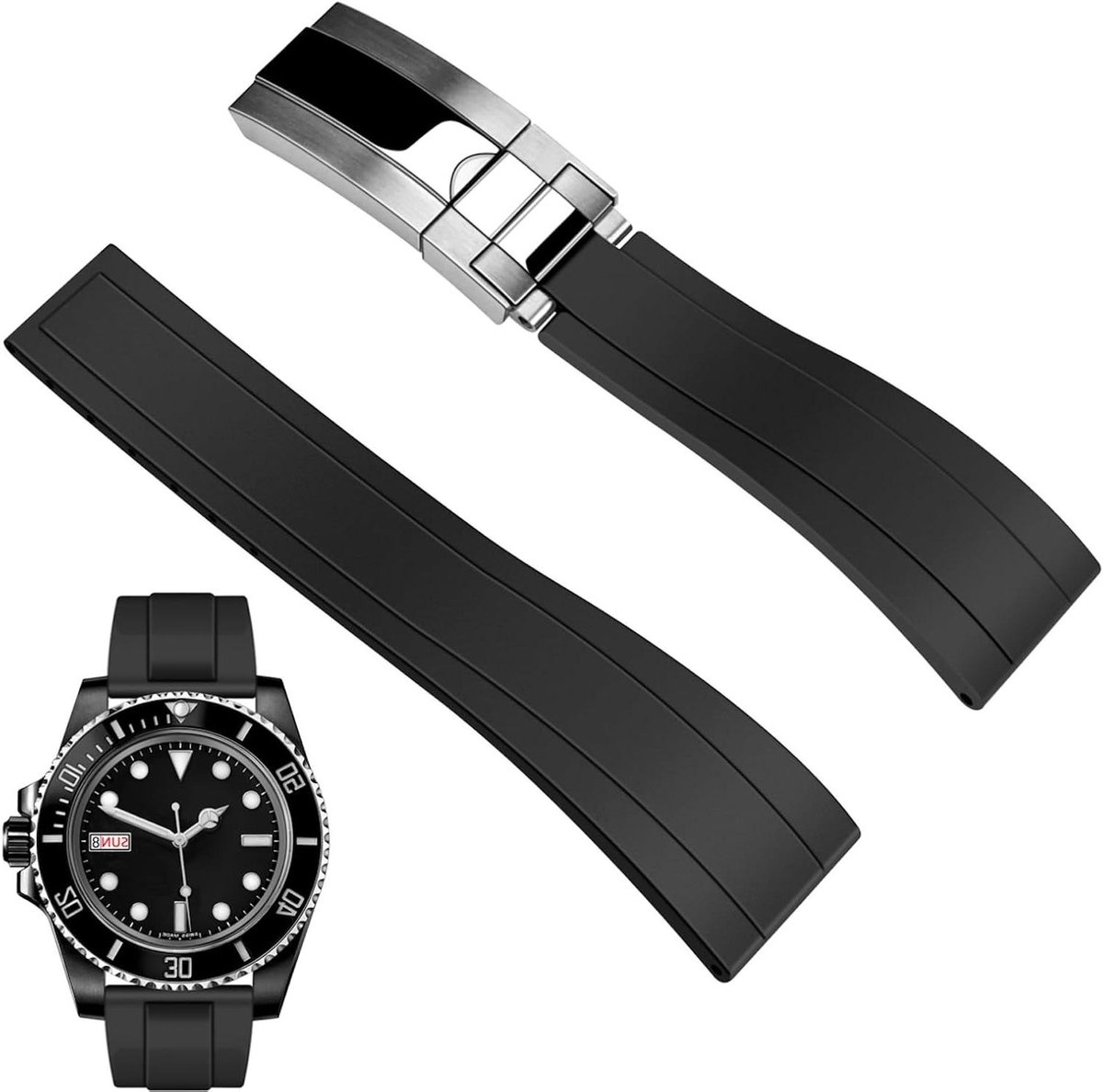 JGS Premium - Horlogeband van FKM rubber voor heren en dames - 20 mm - 22 mm - Fluororubber - Klassieke stijl - Rolex-sluiting - Duurzaam en comfortabel appellijk.