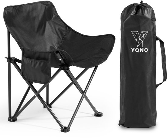 Zwarte opvouwbare campingstoel met een zijvak en een zwarte draagtas met het YONO-logo, geïsoleerd op een witte achtergrond.