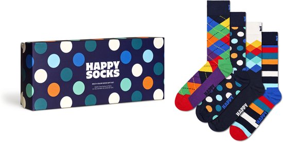 Happy Socks giftbox met vier paar kleurrijke sokken: argyle, stippen, ruiten en strepen.