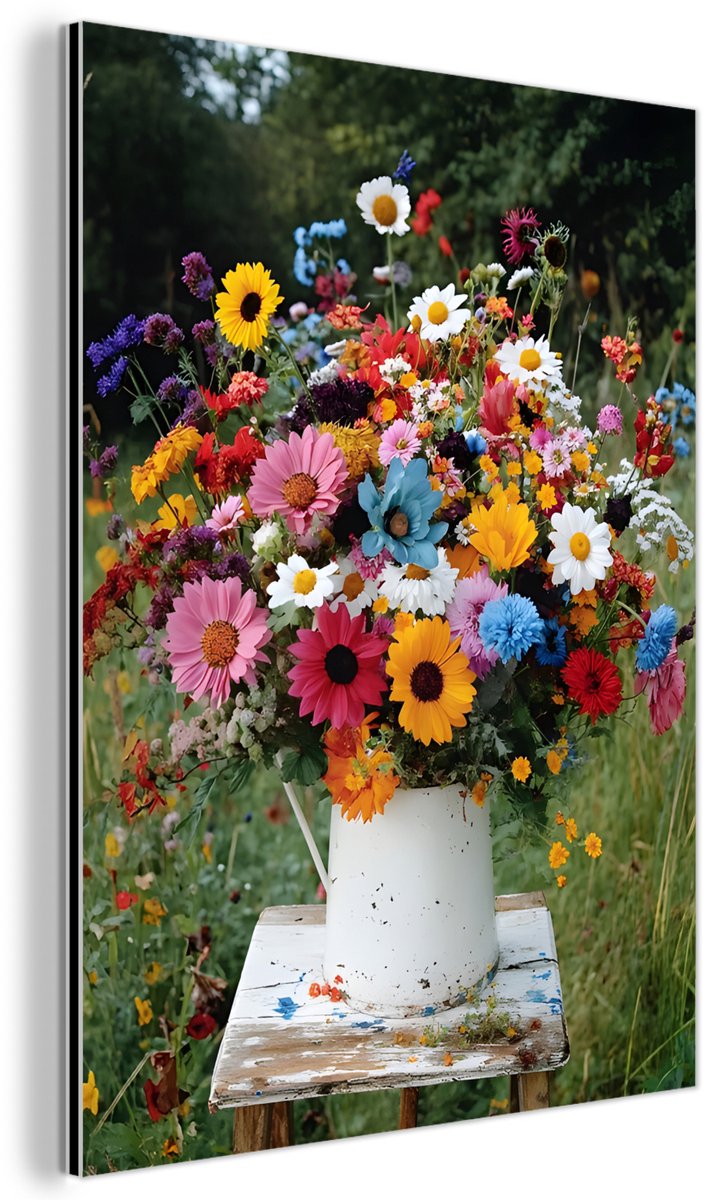 Aluminium schilderij 30x40 cm - Wanddecoratie metaal - Bloemen - Krukje - Gieter - Veld - 