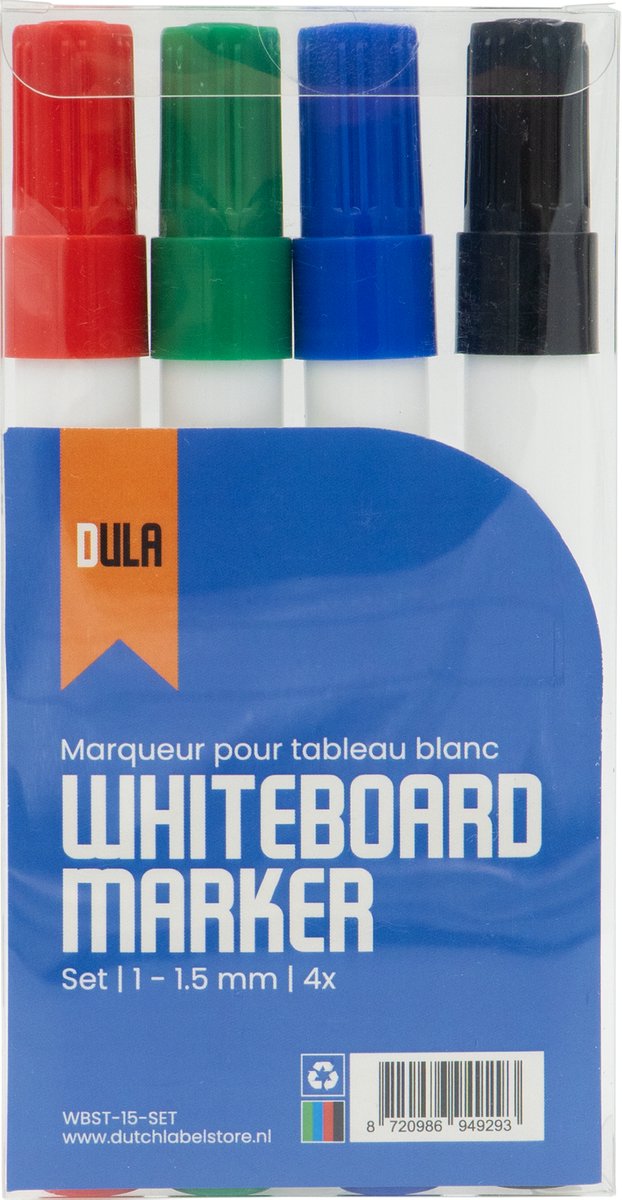 DULA Whiteboard stiften set 4 kleuren - Whiteboard marker - 1 - 1.5 mm ronde punt - White board stift - Rood - Groen - Blauw - Zwart