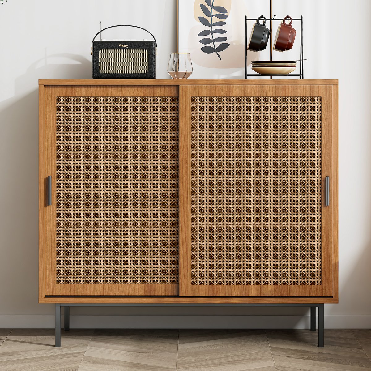 SINGULARITY Dressoir-Met 2 Schuifdeuren-Verstelbare Planken-Rustiek-Maat:B100/H90/D37cm-Bruin