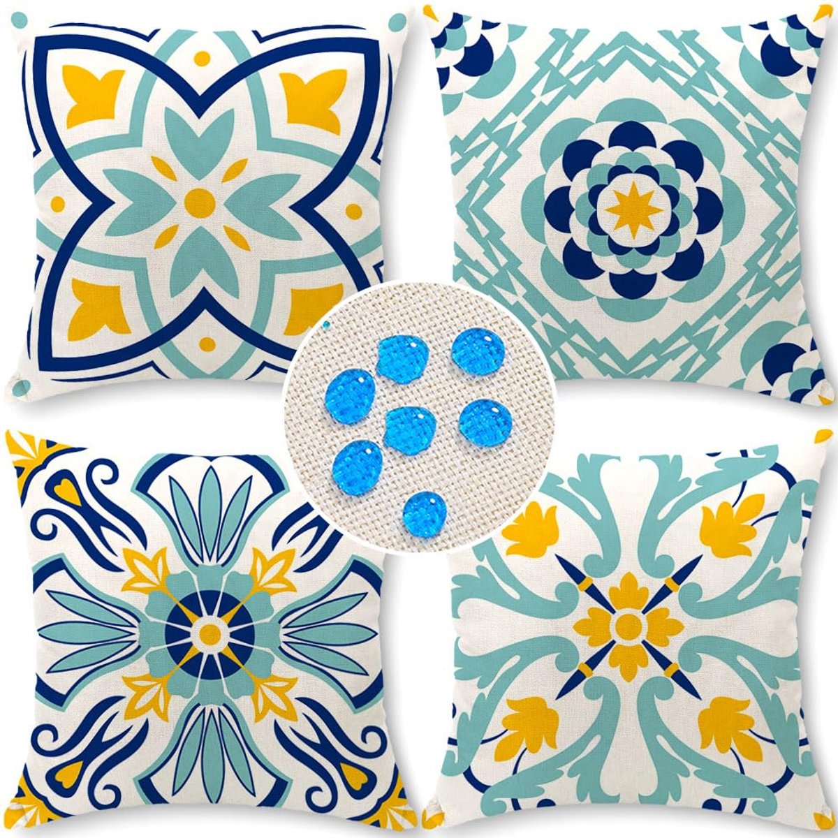 Ibenzoa Stijlvolle set van 4 waterdichte kussenslopen voor buitengebruik, 45 x 45 cm, met ademende blauwe print kleurijk
