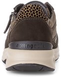 Achterkant van een bruine sneaker met luipaardprint kraag en 'rollingsoft' op de hak.