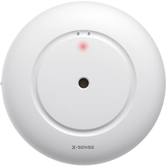 Witte X-Sense watermelder met een rode indicatorlampje en een centraal gat.