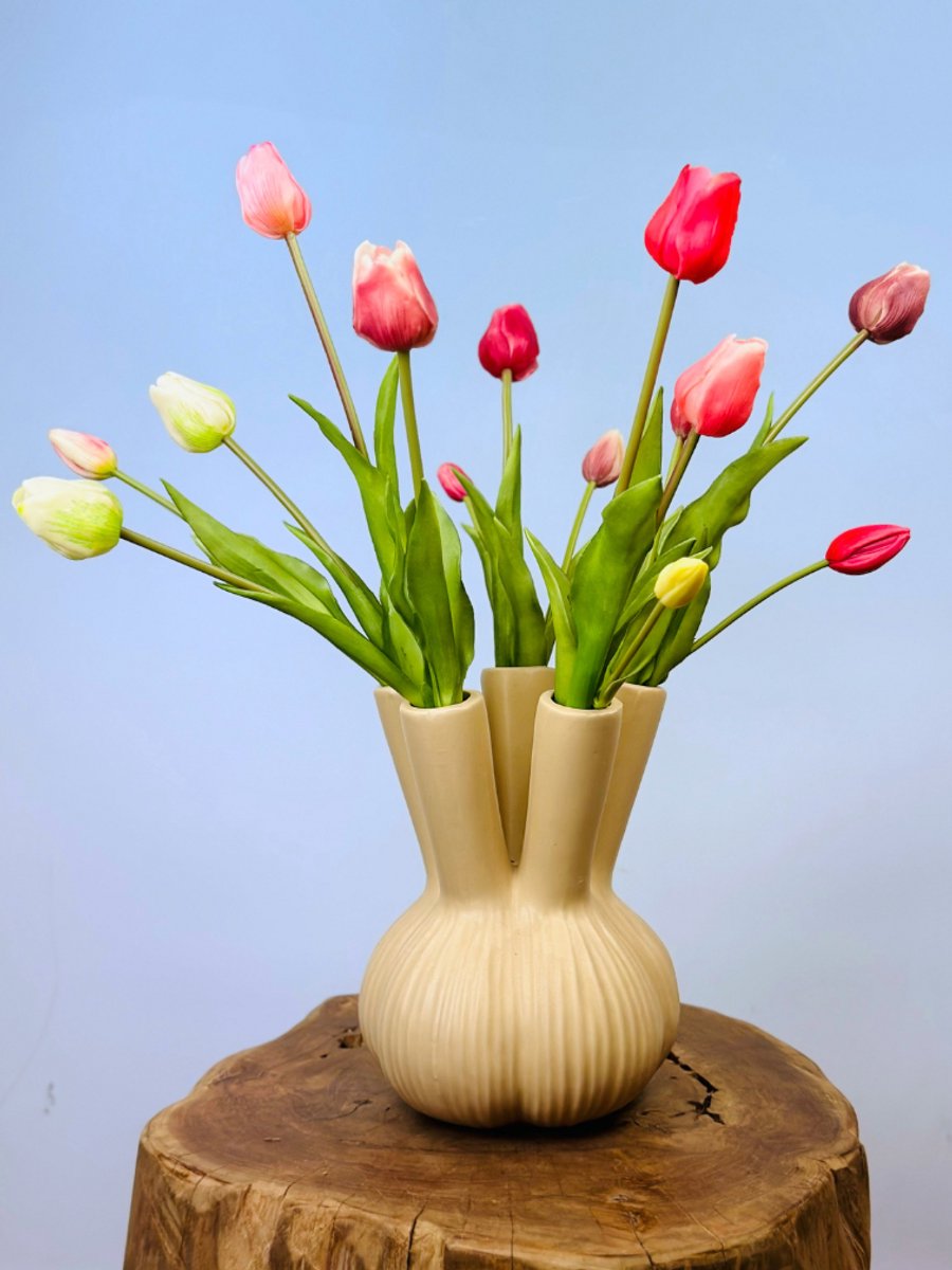 Kunstboeket "Tulpen uit Amsterdam" 14 stuks) - incl. vaas | 45cm | Prachtig en gedetailleerd tulpen boeket | Perfect voor elk interieur