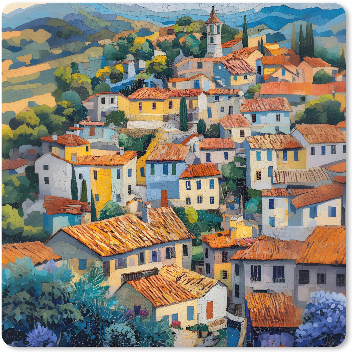 Muismat XXL 80x80 cm - Bureau onderlegger - Bureau mat Dorp - Heuvels - Landschap - Bomen - Bureaumat - Gaming mousepad xl - Bureaulegger groot - Computer deskmat