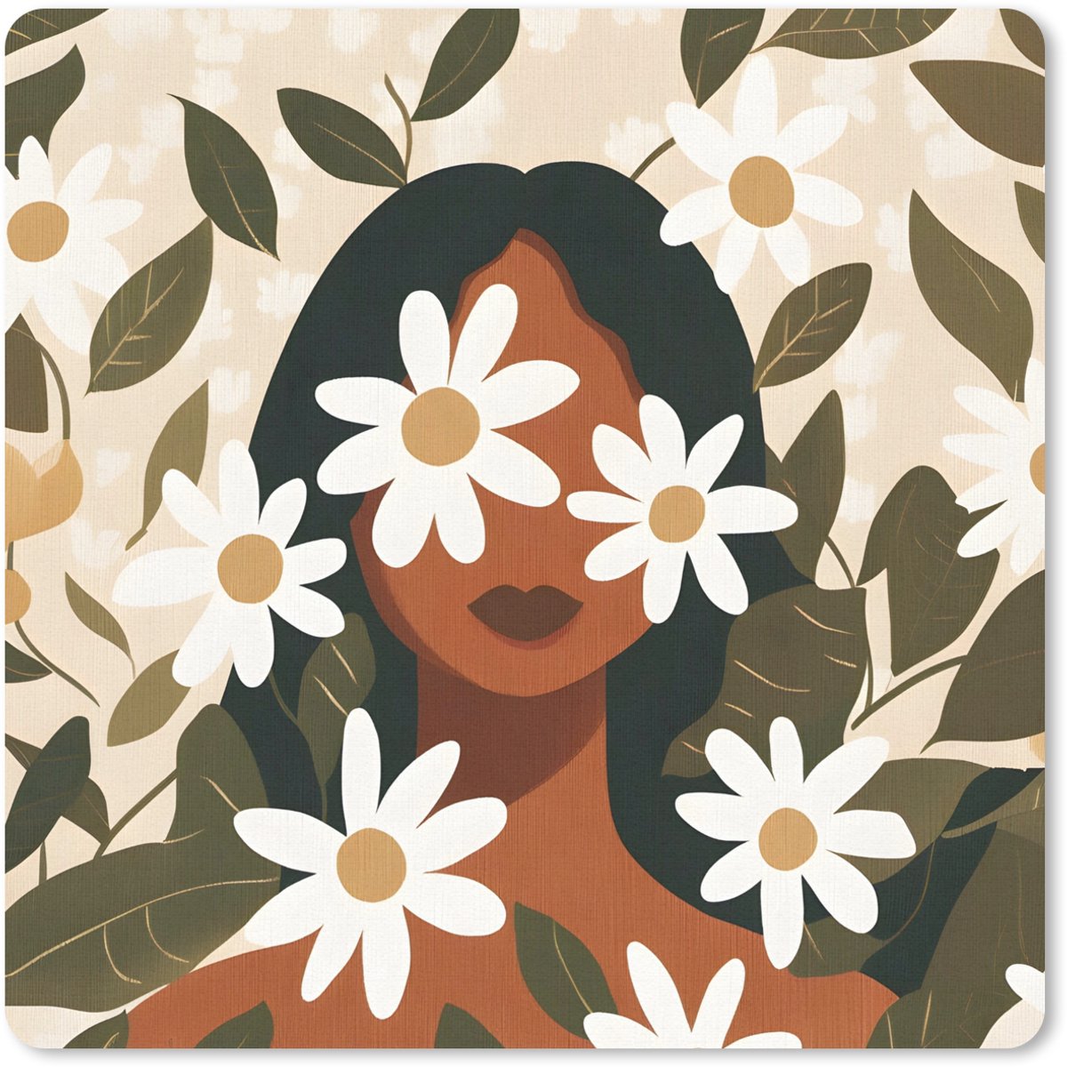 Muismat 30x30 cm - Mousepad Illustratie - Vrouw - Madeliefjes - Wit - Muismatten