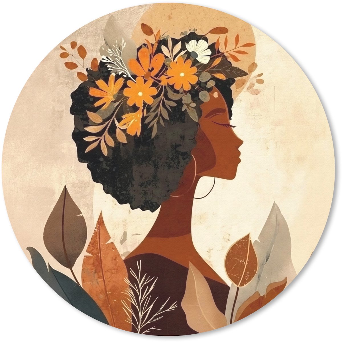 Muismat rond 20x20 cm - Mousepad Vrouw - Krullen - Bloemen - Beige - Ronde muismatten