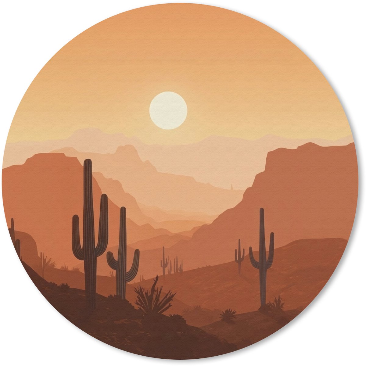 Muismat rond 20x20 cm - Mousepad Landschap - Woestijn - Cactussen - Zon - Ronde muismatten