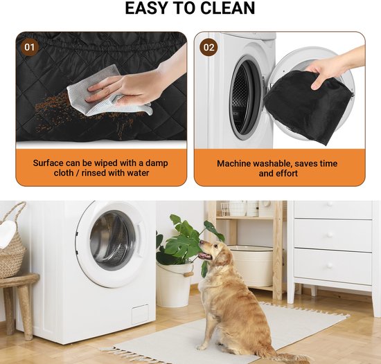 Illustratie toont de reinigingsinstructies: een hand veegt vuil weg van het zwarte, gewatteerde stoeltje en een ander beeld toont de mand in een wasmachine. Een hond zit naast een wasmachine.
