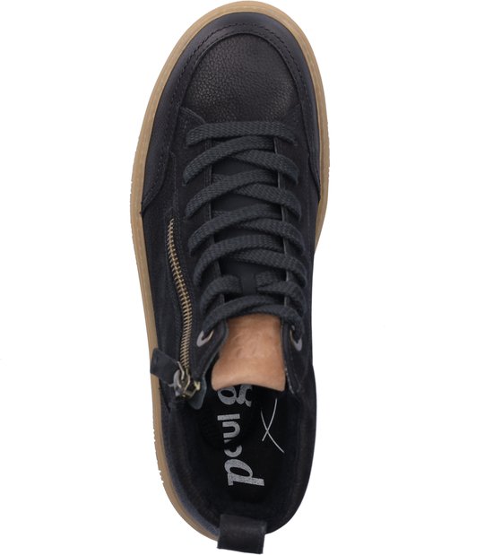 Zwarte hoge sneaker van Paul Green, bovenkant met logo, bruine zool.