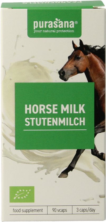 Doos met bruine paard in melk splash. 'Horse Milk Stutenmilch' op groene band.
