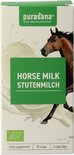 Doos met bruine paard in melk splash. 'Horse Milk Stutenmilch' op groene band.