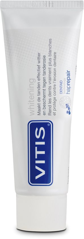 Tube VITIS Whitening tandpasta, met de tekst 'Maakt de tanden effectief witter en beschermt tegen tanderosie'.
