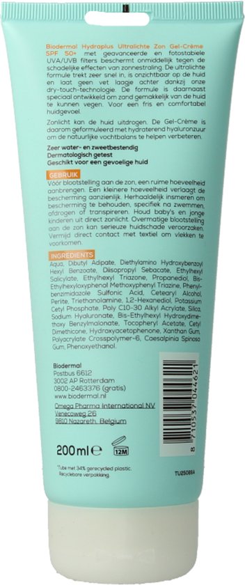 Biodermal Hydraplus Ultralichte Zon Gel-Crème SPF 50 - Zonnebrand met Factor 50 - Zonnebrand met hyaluronzuur