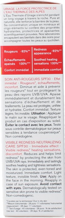 Uriage, de beschermende kracht van thermisch bronwater uit de Alpen. Crème voor zichtbare roodheid neutraliserende verzorging SPF 30. Tekst van productinformatie.
