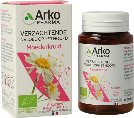 Doosje en potje Arkopharma Moederkruid met bloemenillustratie. Tekst: 'VERZACHTENDE INVLOED OP HET HOOFD'.