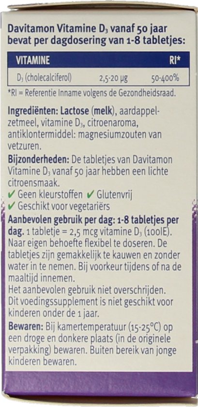 Davitamon Vitamine D, vanaf 50 jaar. Tabel met vitamine D3 (cholecalciferol) dosering 2,5-20 µg, RI 50-400%. Ingrediënten: lactose, aardappelzetmeel, vitamine D3, citroenaroma, antiklontermiddel: magnesiumzouten van vetzuren.