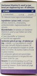 Davitamon Vitamine D, vanaf 50 jaar. Tabel met vitamine D3 (cholecalciferol) dosering 2,5-20 µg, RI 50-400%. Ingrediënten: lactose, aardappelzetmeel, vitamine D3, citroenaroma, antiklontermiddel: magnesiumzouten van vetzuren.